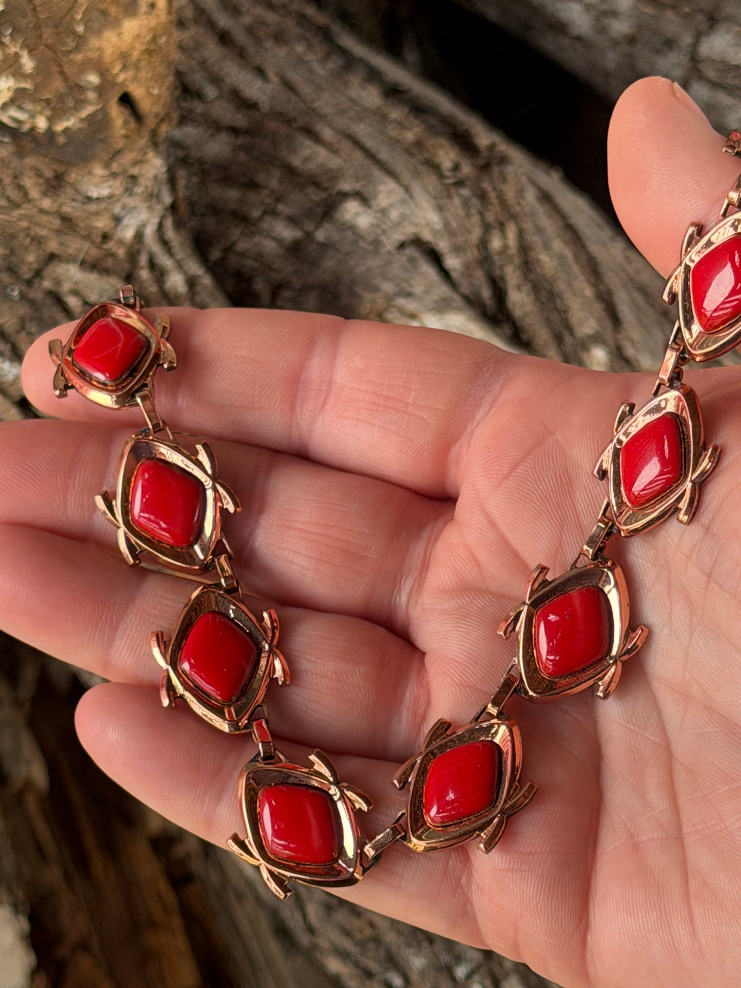 Vintage Red and Gold Necklace with Matching Earrings