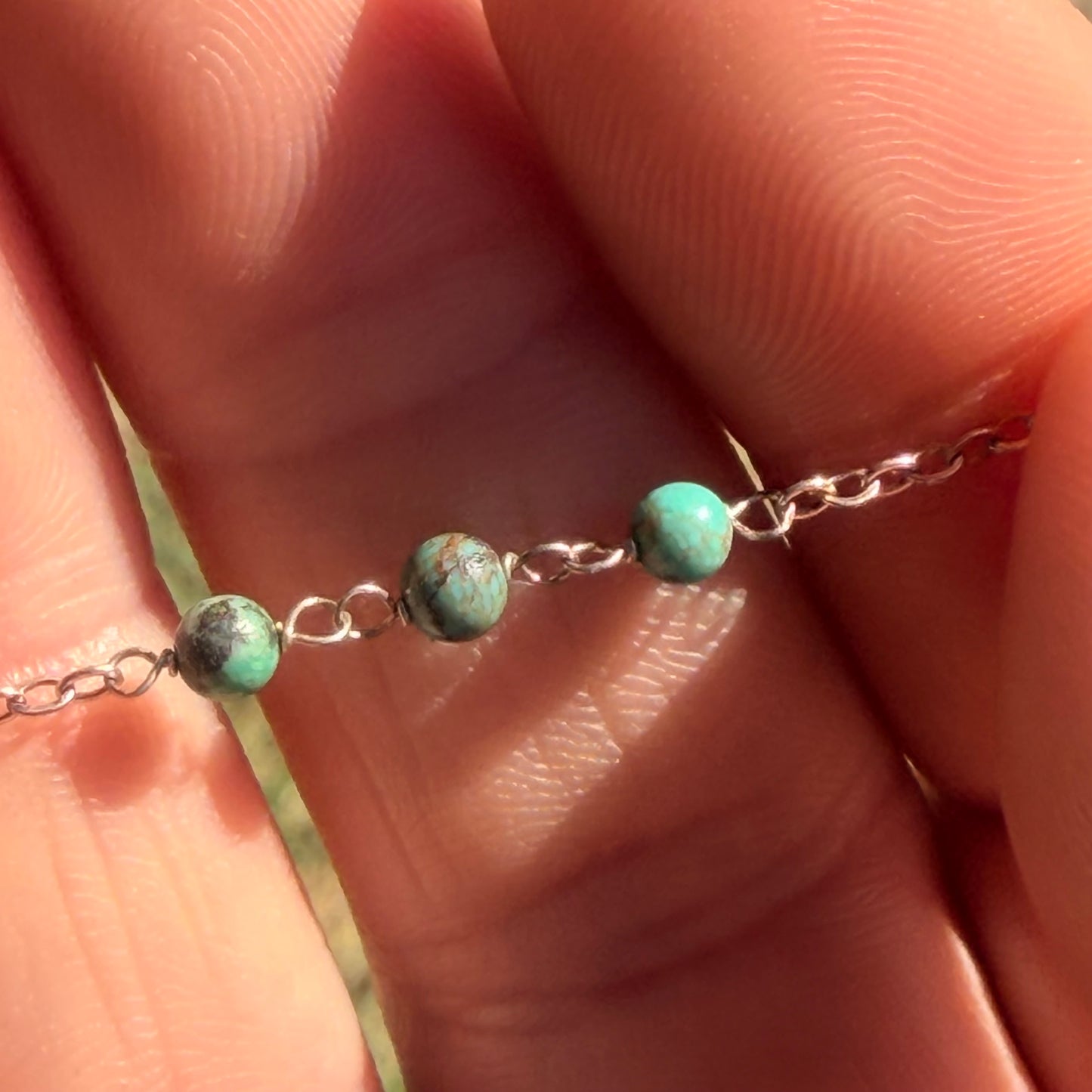 Vintage Sterling Silver Turquoise Bead Hand Chain Bracelet