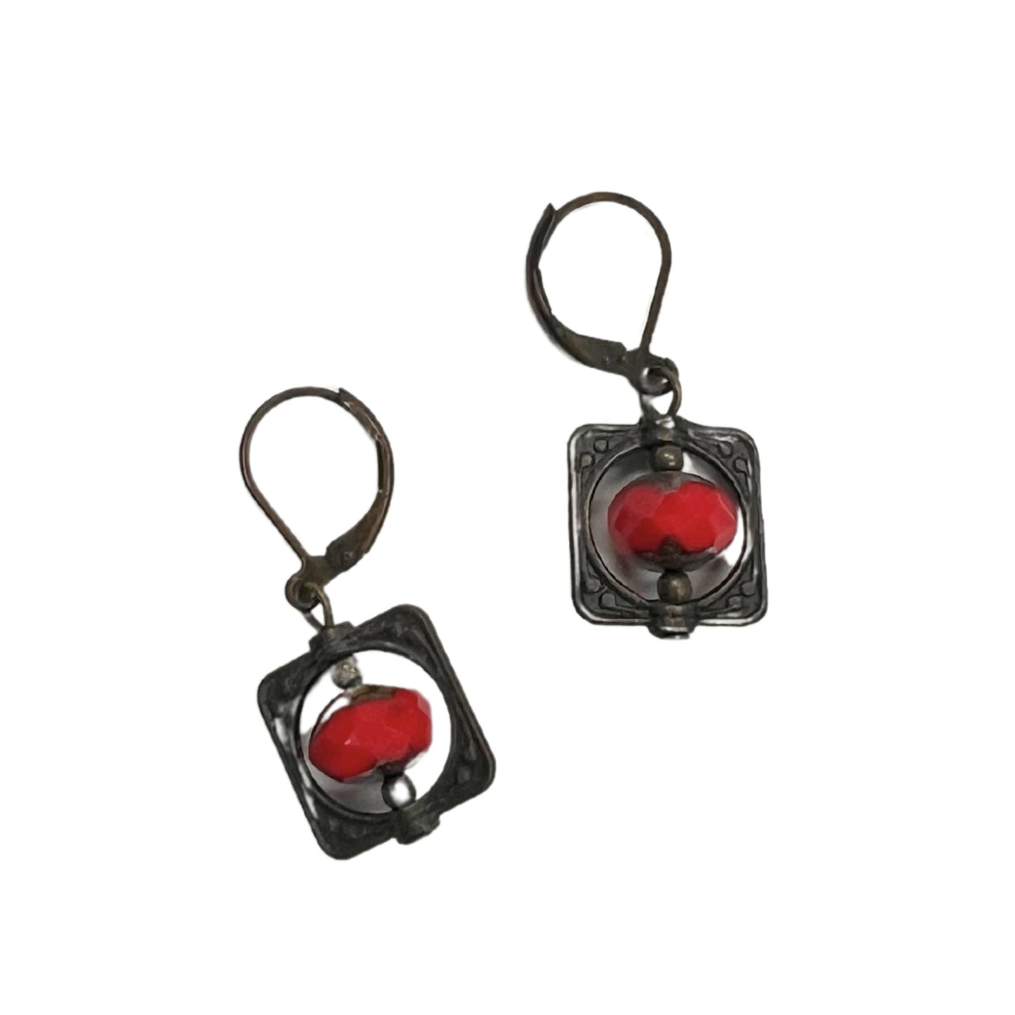 Red Bead Shadow Box Earrings