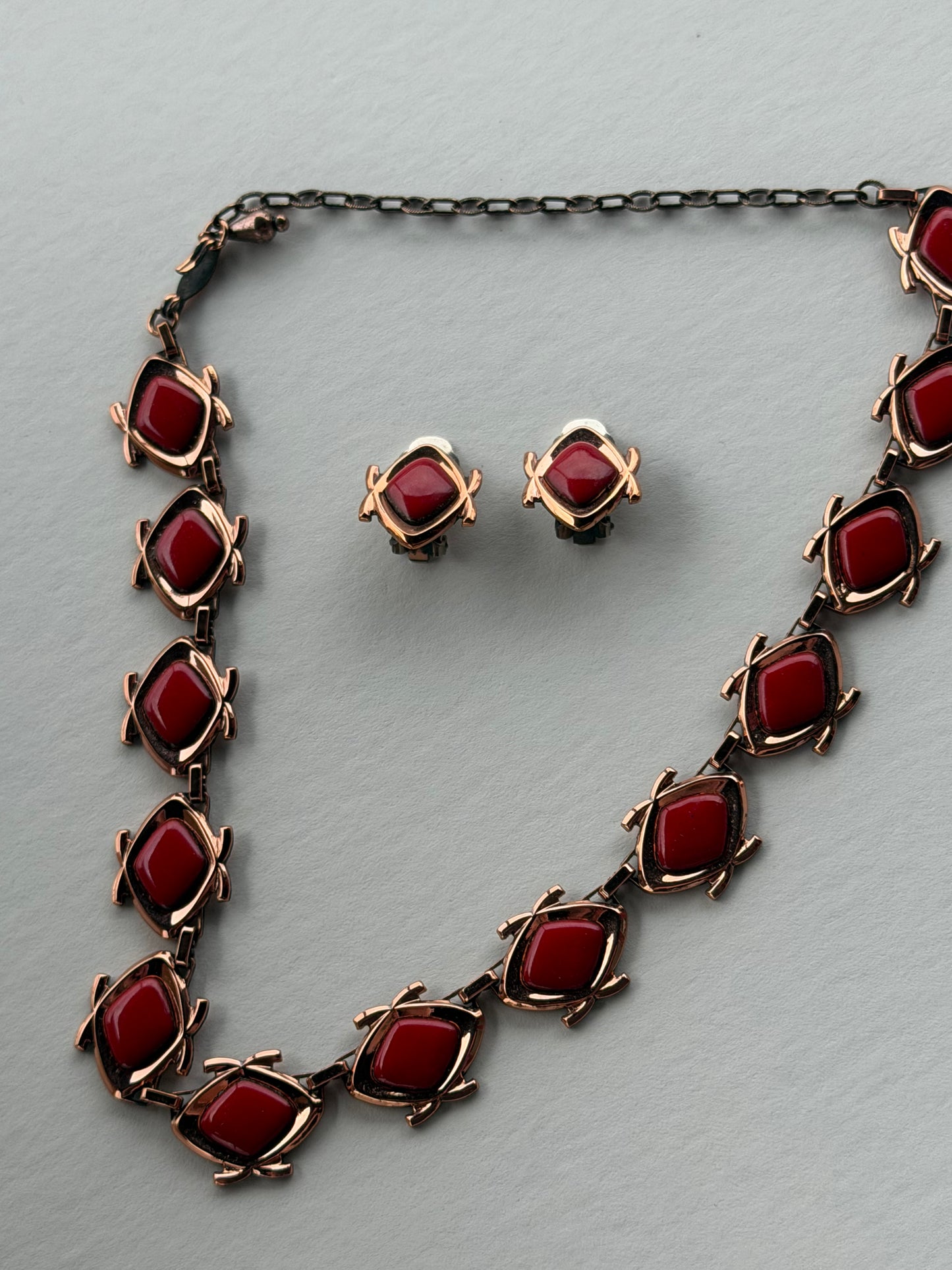 Vintage Red and Gold Necklace with Matching Earrings