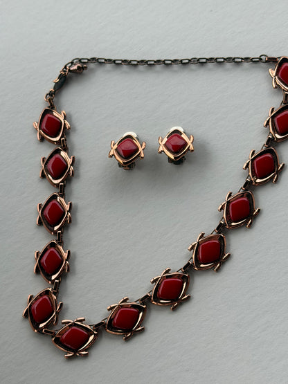 Vintage Red and Gold Necklace with Matching Earrings