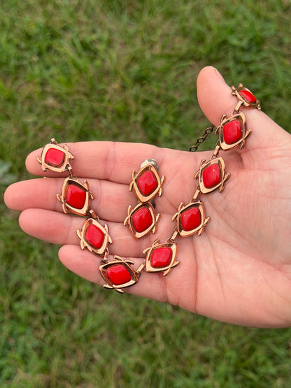 Vintage Red and Gold Necklace with Matching Earrings