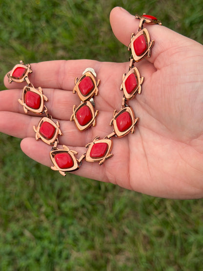 Vintage Red and Gold Necklace with Matching Earrings
