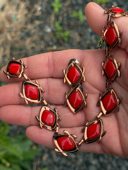 Vintage Red and Gold Necklace with Matching Earrings
