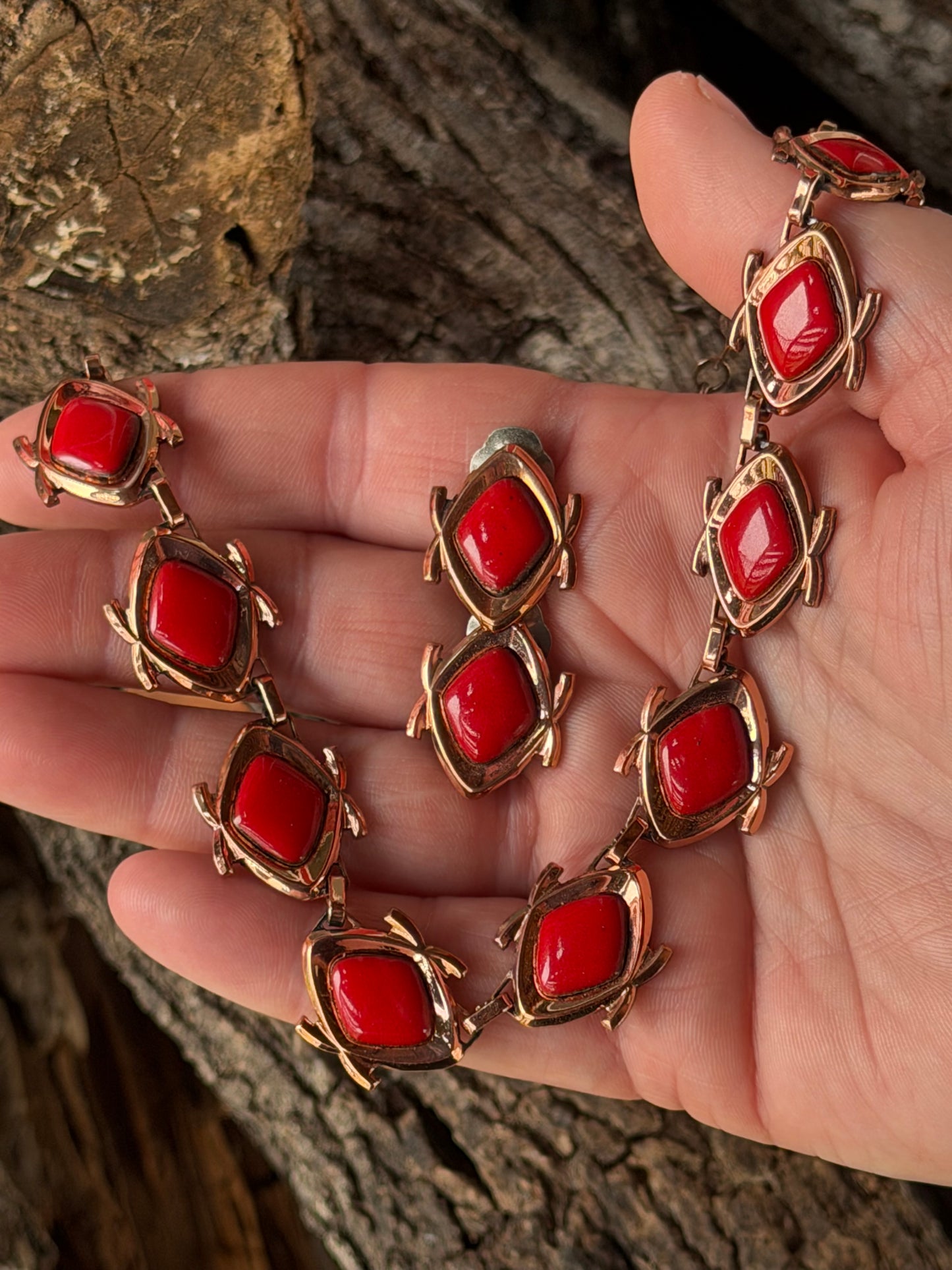Vintage Red and Gold Necklace with Matching Earrings