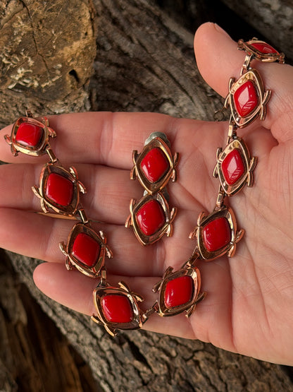 Vintage Red and Gold Necklace with Matching Earrings