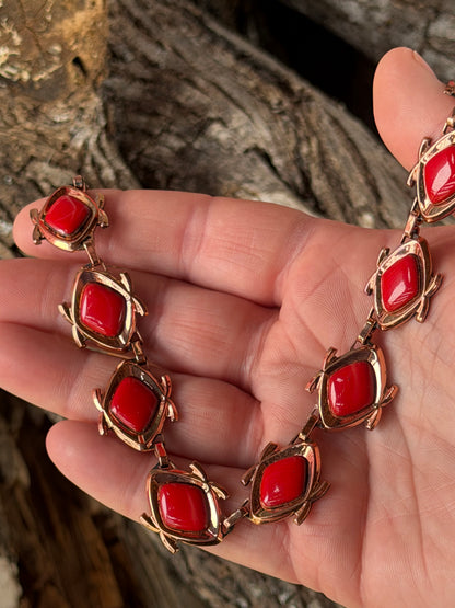 Vintage Red and Gold Necklace with Matching Earrings