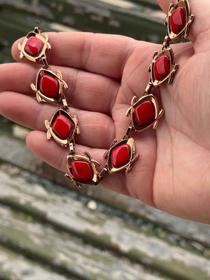 Vintage Red and Gold Necklace with Matching Earrings