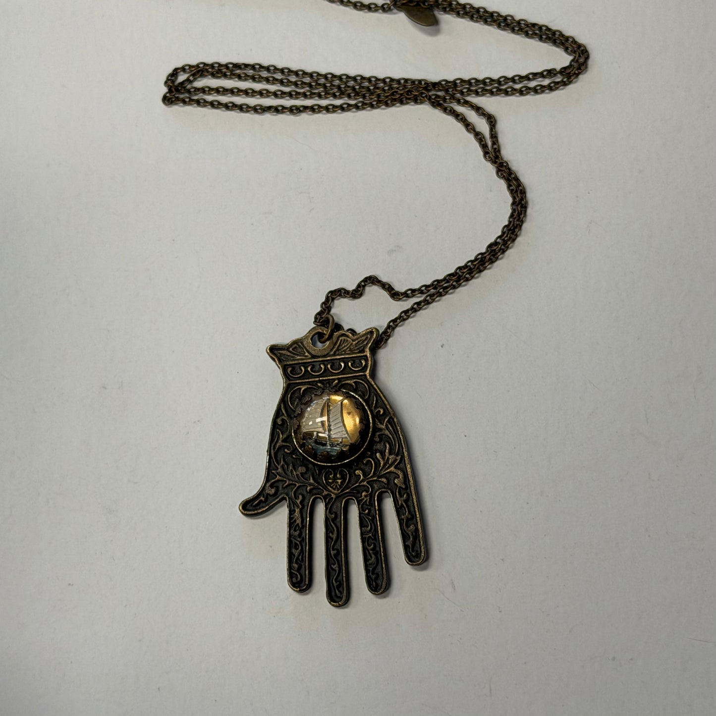Antique Hamsa With Sailboat Necklace