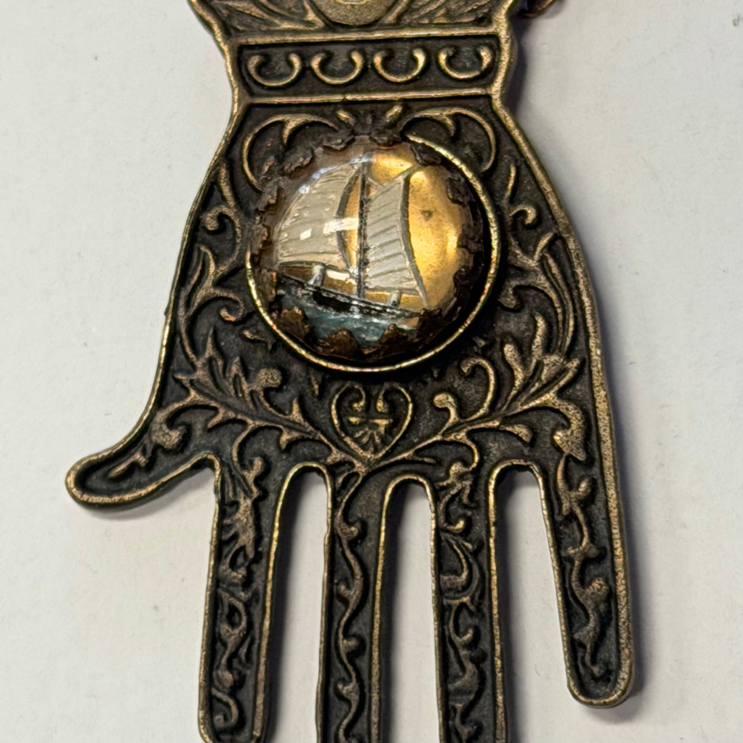 Antique Hamsa With Sailboat Necklace