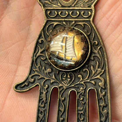 Antique Hamsa With Sailboat Necklace