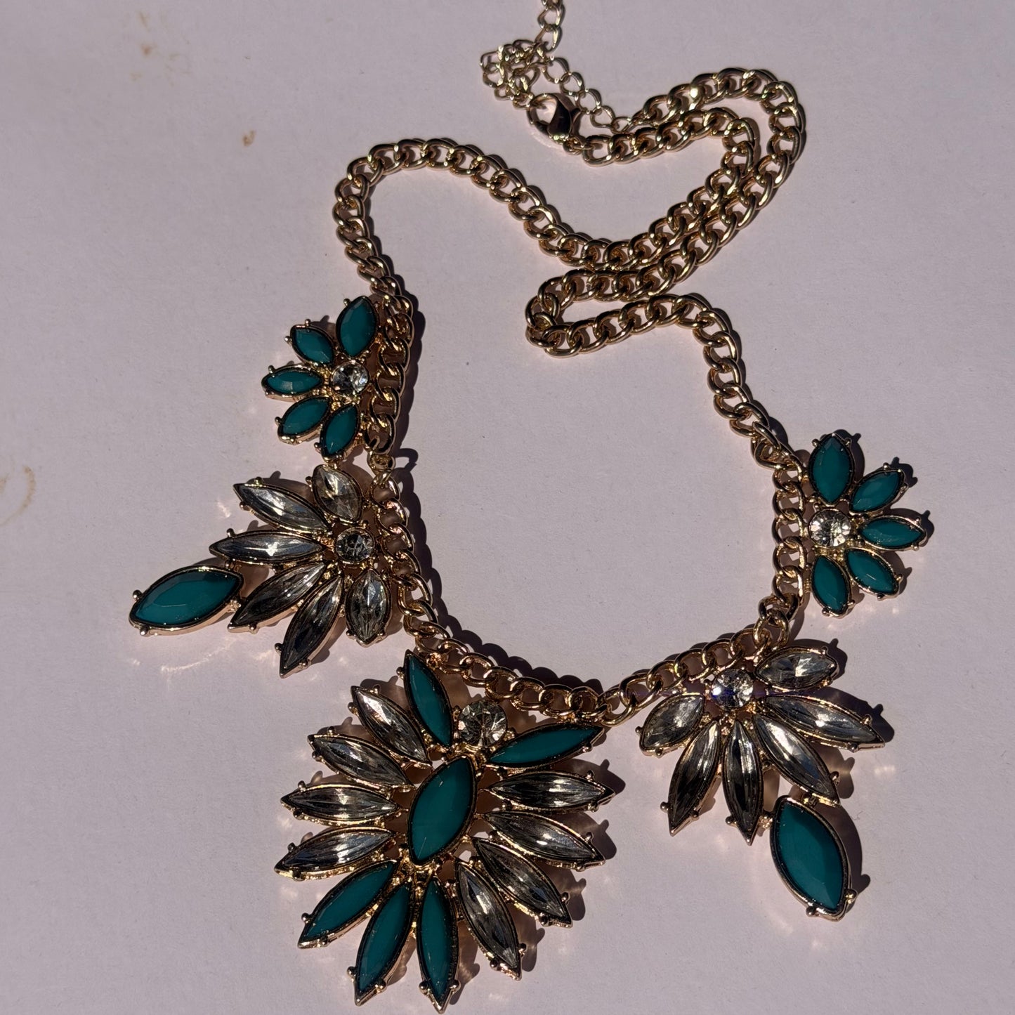 Antique Teal and Clear Rhinestoned Necklace