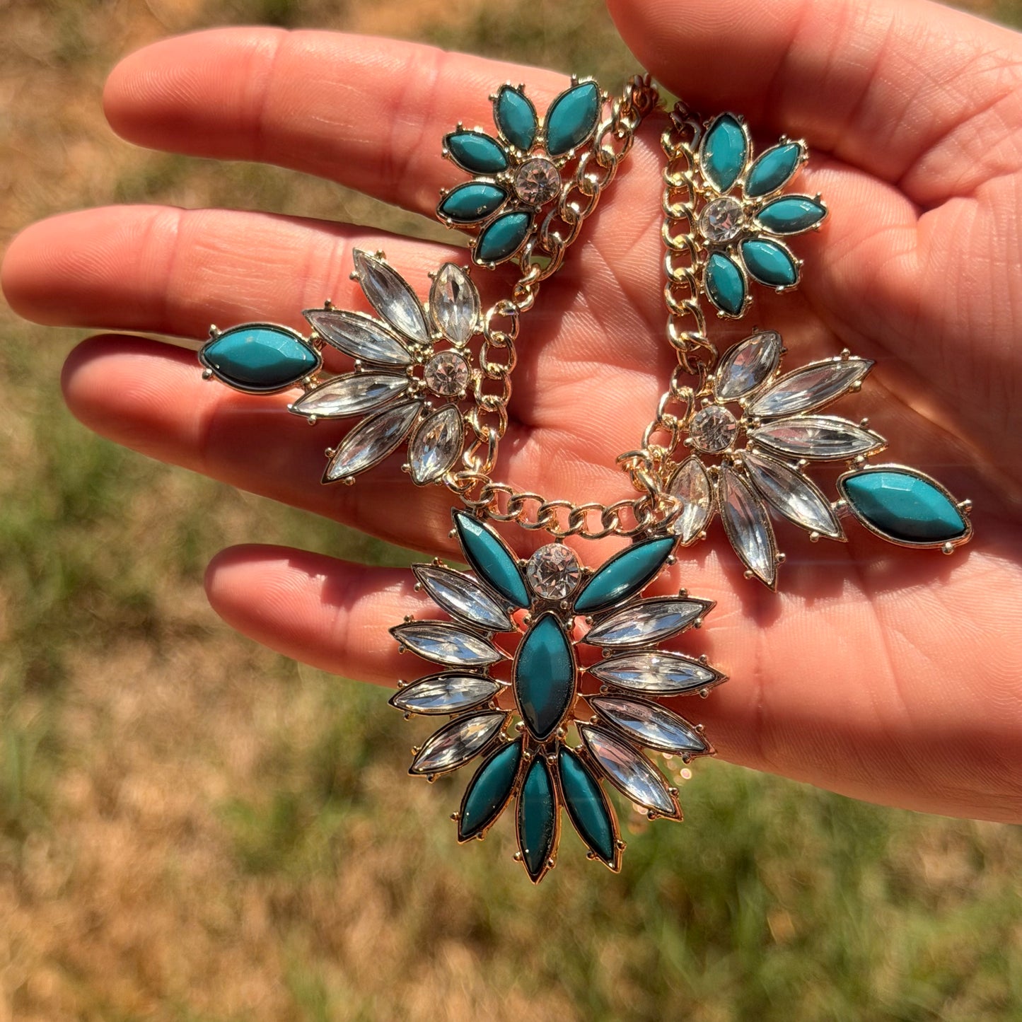 Antique Teal and Clear Rhinestoned Necklace