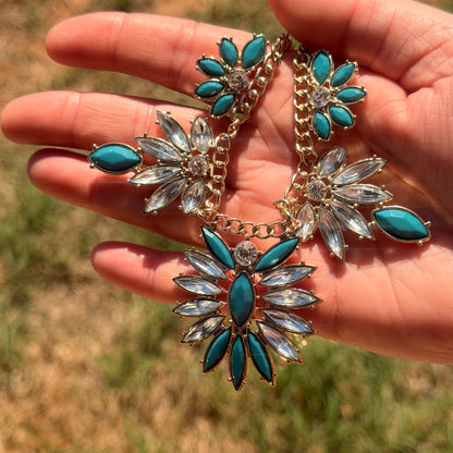 Antique Teal and Clear Rhinestoned Necklace