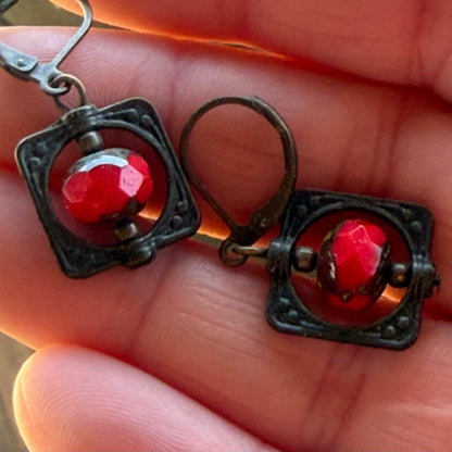 Red Bead Shadow Box Earrings